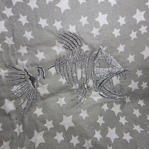Gray Star Patterned Fabric Bag with Embroidered Fish Design